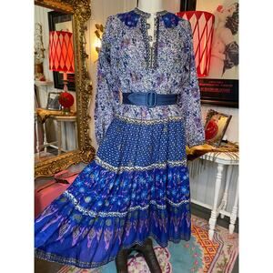 vintage 1970s indian cotton dress block print boho kaiser blue floral hippie med